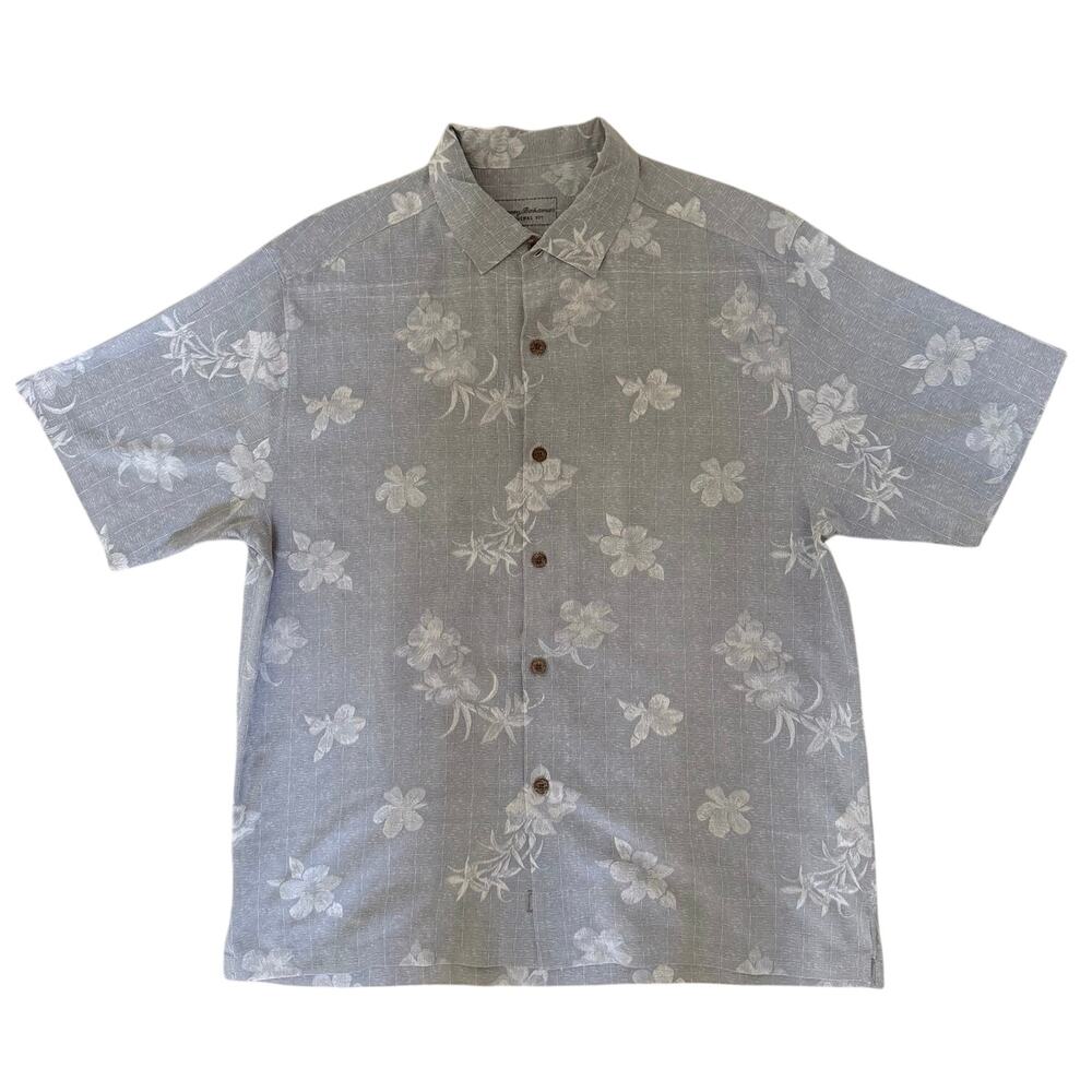 Tommy Bahama Original Fit 100% Silk Hawaiian Camp Shirt Gray Floral Men’s L